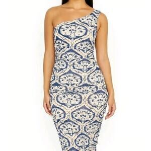 House of Harlow Ruched One Shoulder Bodycon Midi Dress Blue Beige Size Large